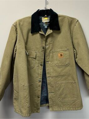 Carhartt Olive Green Duck Jacket with Black Corduroy Collar